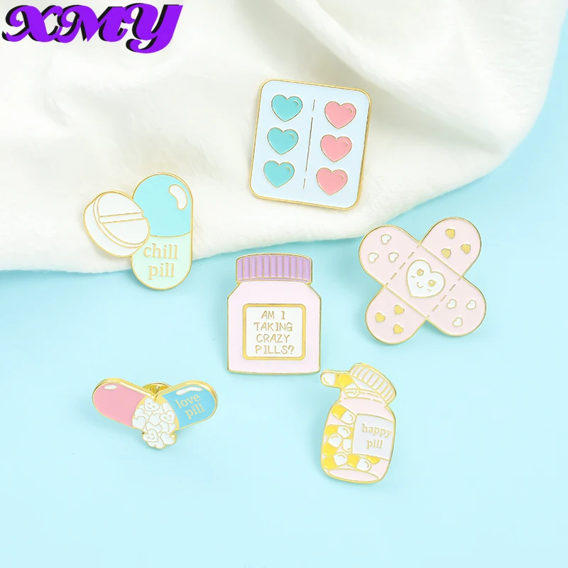 

Healing Enamel Pins Custom Band Aid Love Happy Crazy Pill Brooch Lapel Badge Bag Cartoon Jewelry Gift for Kids Friends