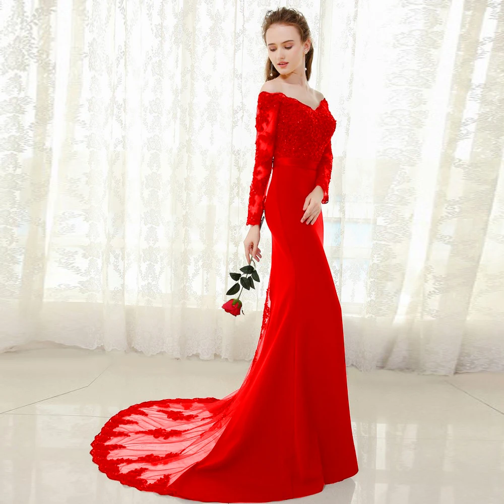 Vestido de festa Longo русалка кружевной Топ Лиф тонкая линия Длинные подружки невесты платья быстрой доставки очаровательные свадебные вечерние платья Новые - Цвет: Красный