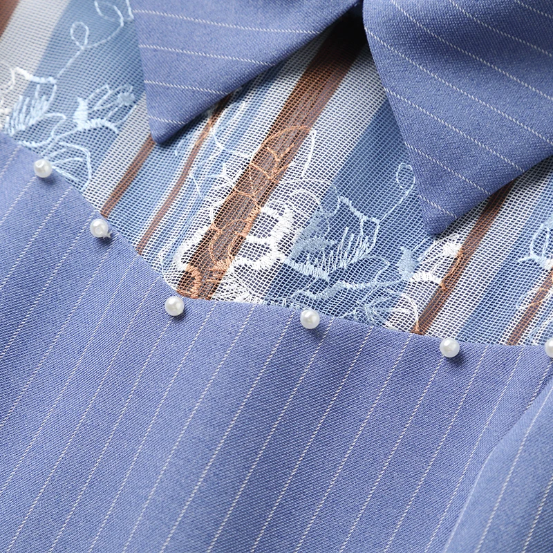 

Only Plus French Blue Turn Down Collar Office Lady Dresses For Women Work Patchwork Slim A-Line Dress Stripe High Waist Vestidos