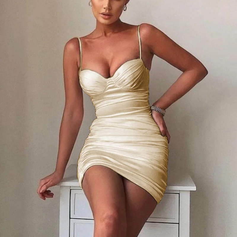 

FORERUN Women Ruched Bodycon Dresses Spaghetti Strap Backless Short Vestidos Solid Sexy Party Mini Clubwear