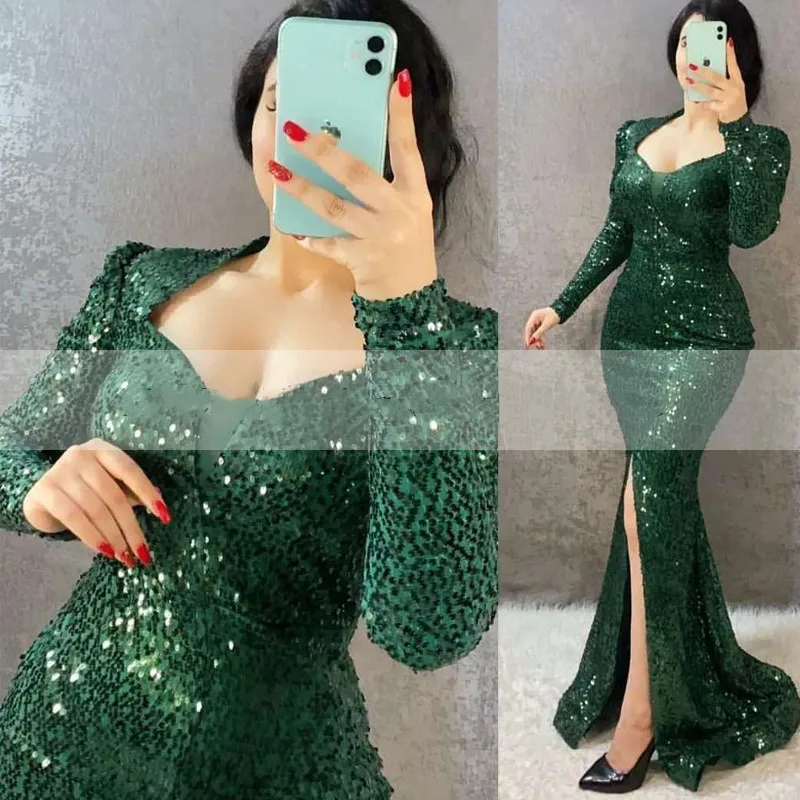 Sexy Long Sleeves Sequins Mermaid Evening Dresses 2022 with Slit Wedding Prom Dress For Party Night Vestidos De Noch Fiesta