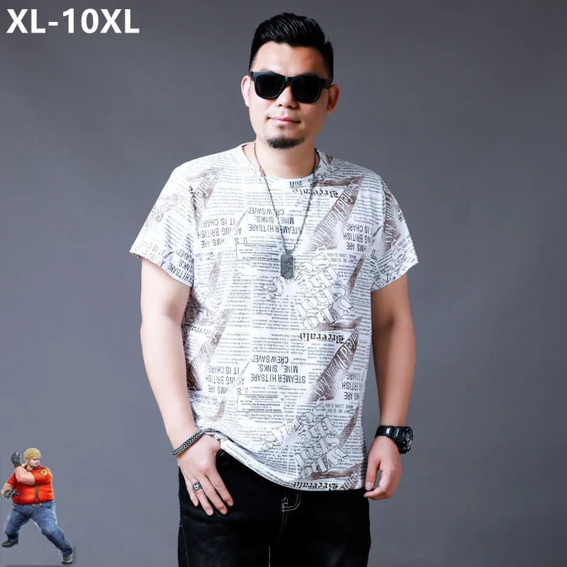 

9XL 10XL Plus Size White Pattern Tee Shirt Men Oversized Top 5XL 6XL 7XL 8XL Short Sleeve Fat Summer Newspaper Loose Clothes