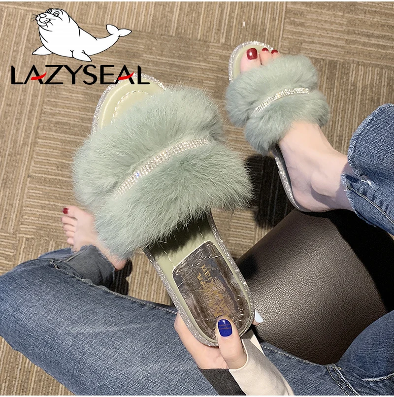 LazySeal/шикарная обувь; женские тапочки на натуральном меху; теплые пушистые тапочки на плоской подошве; женские сандалии со стразами; женские шлепанцы; вьетнамки