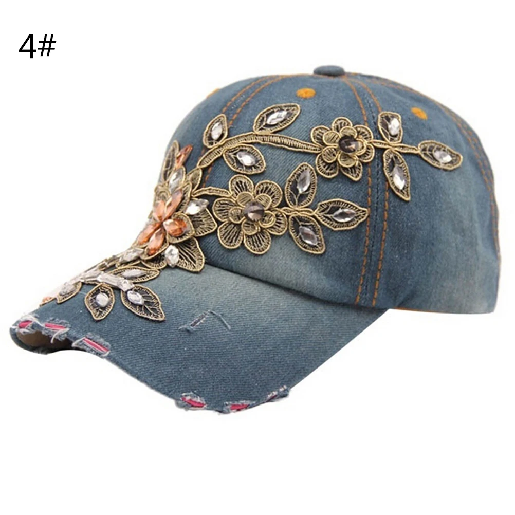 Повседневная полностью Хрустальная Цветочная джинсовая бейсболка со стразами в
