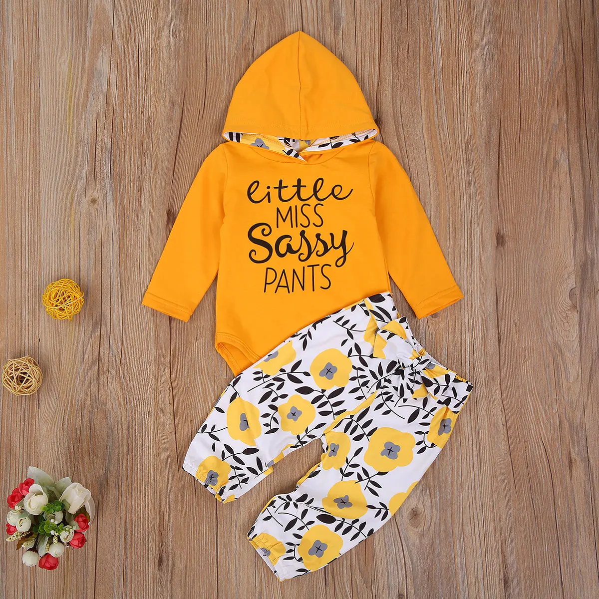 

Newborn Baby Hooded Romper Trousers Little Miss Sassy Pants Elastic Waist Bow Decoration Flower Print 2Pcs Outfits Clothes