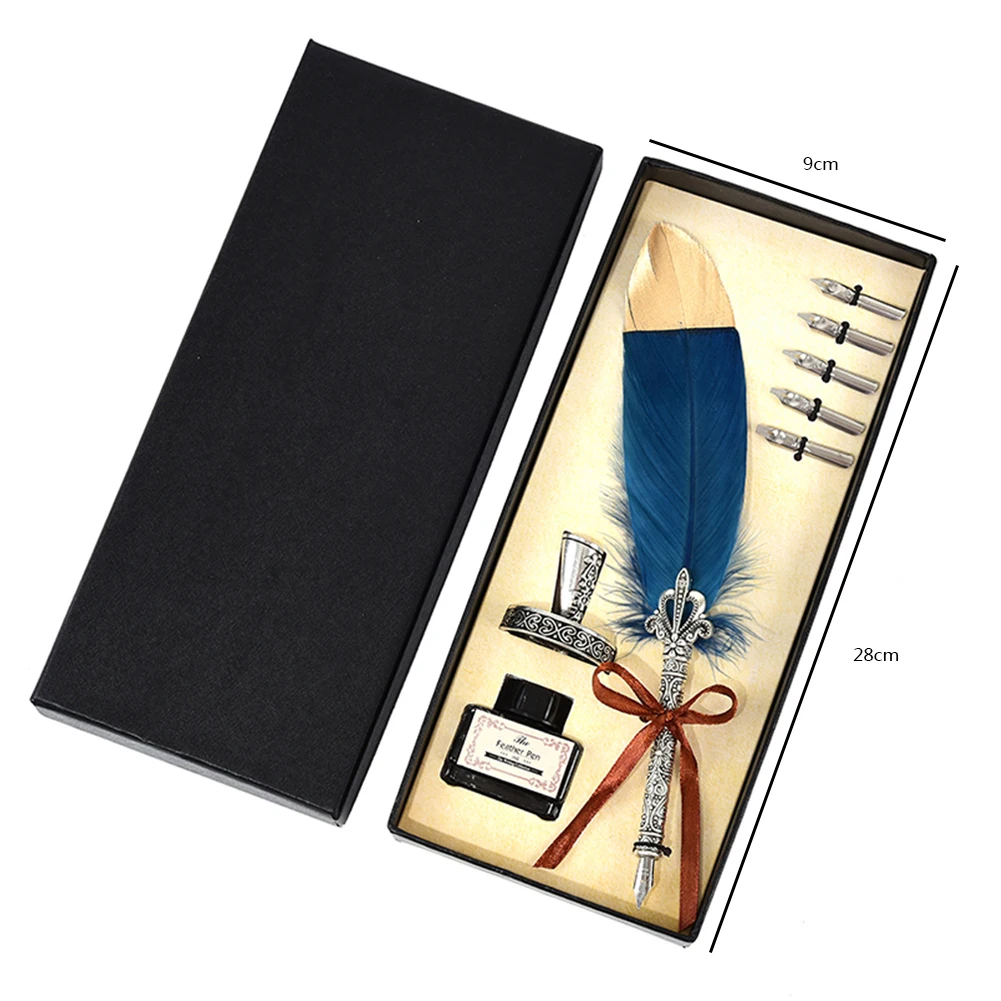 

1 Set Vintage Calligraphy Feather Dip Pen 2/5 Nib Writing Ink Quill Fountain Pen Retro Stationery Wedding Gift 28x9x4cm