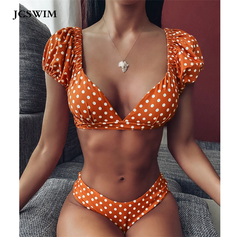 JCSWIM Dot Print Bikini Mujer 2020 High Waist Swimwear Women Summer Bandage Swimsuit Female Two Pieces V Neck Brazilian Biquini | Женская