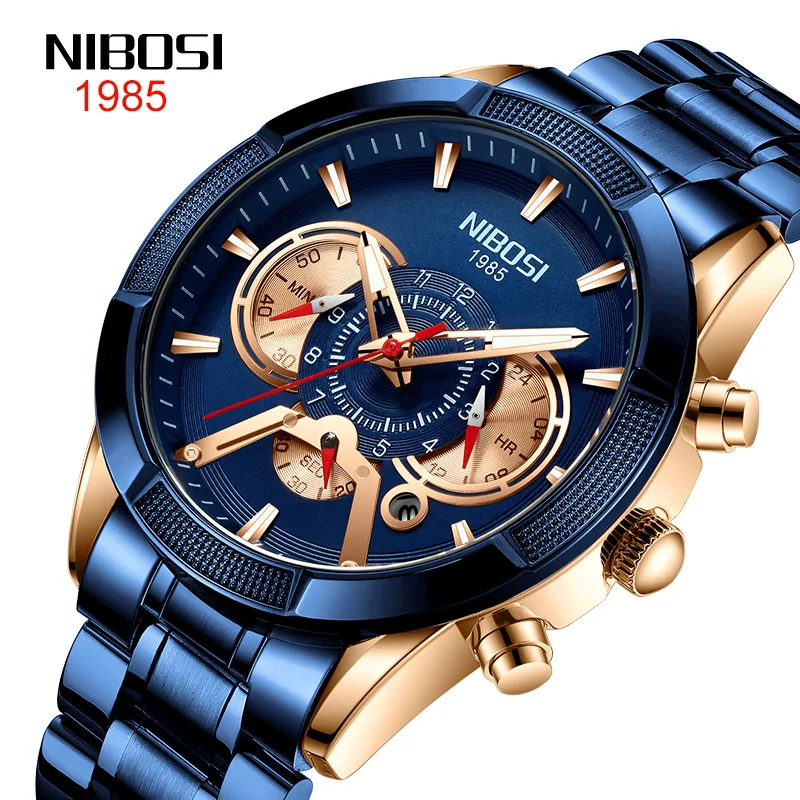 NIBOSI New Fashion Casual Men's Quartz Watch Luminous Waterproof Calendar 24 Hour Dial Stainless Steel Strap Relogio Masculino