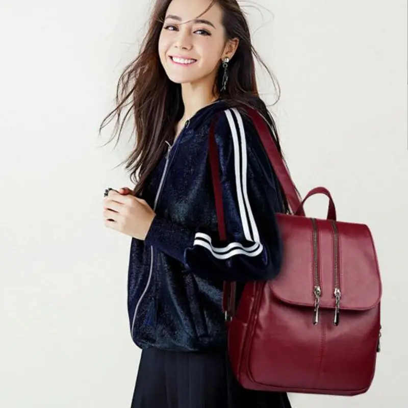 

Casual Double Zipper Women Backpack Large Capacity School Bag For Girl 2020 Brand Leather Shoulder Bag Lady Bag Travel Backpack