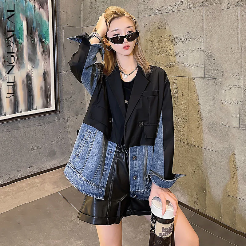 

SHNEGPALAE fashion denim spliced jacket women's autumn 2021 new notched loose single breatsed long sleeve streetwear denim coat