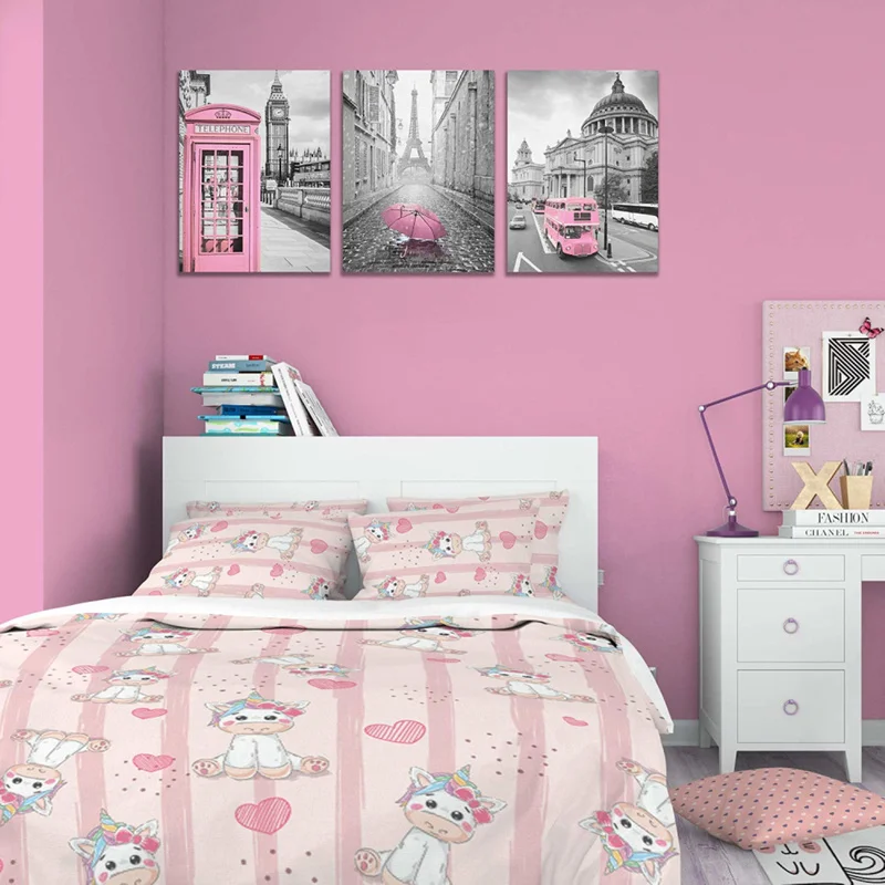 Framed Ready To Hang Paris Eiffel Tower London Big Ben and St Paul's Cathedral Canvas Wall Arts Black White Pink | Дом и сад
