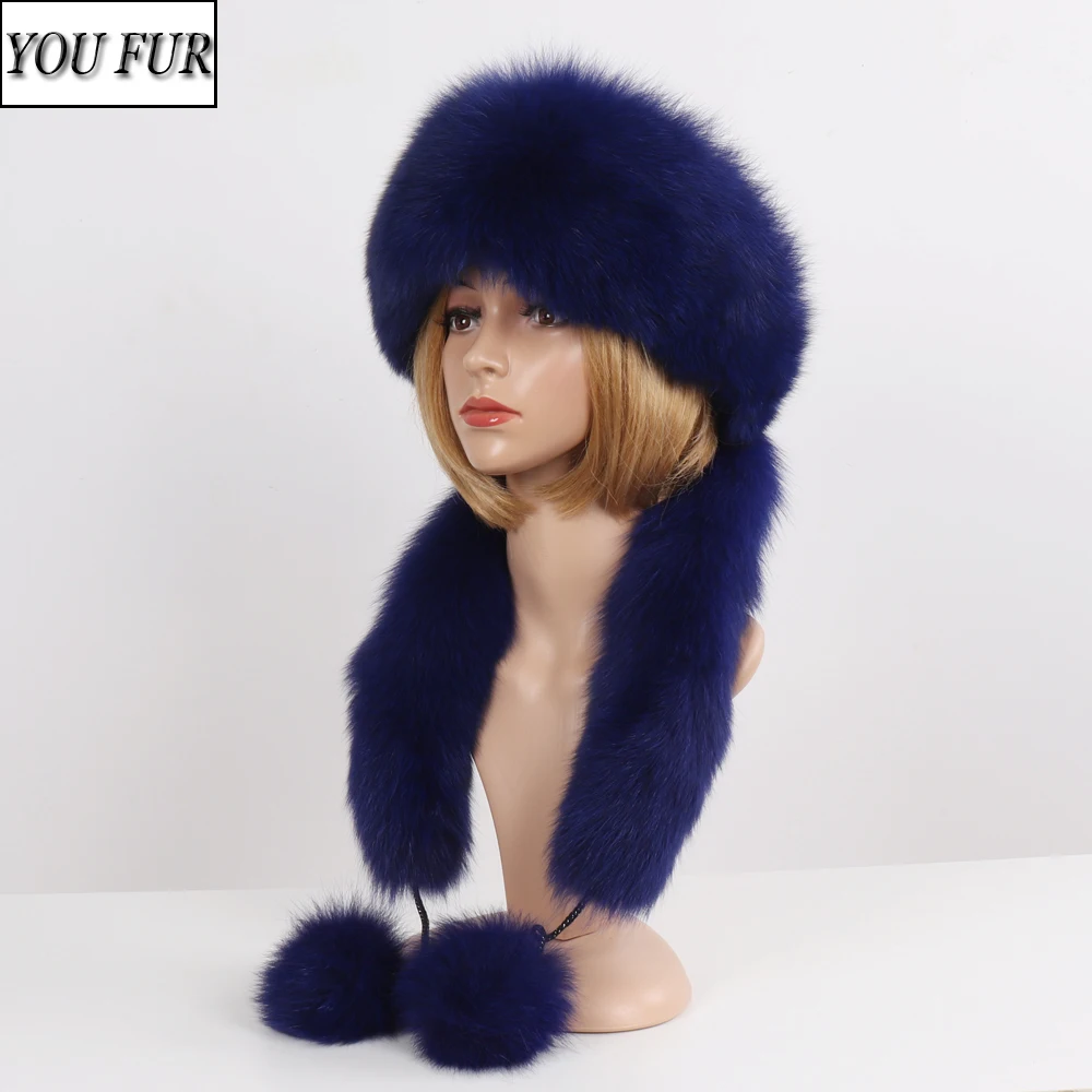 

Women Russia Winter Real Fox Fur Hat Warm Soft Fluffy Genuine Fox Fur Cap Luxurious Lady Good Quality Real Fox Fur Bomber Hats