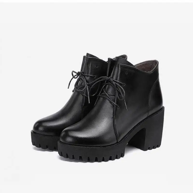 

8cm High Heel Thick Heel Black Boots Women New Platform Lace Up Ankle Boots Shoes