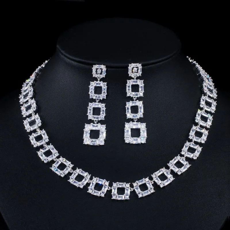 sparkling white CWWZircons Великолепные Длинные квадратные капли вечерние серьг и для индийского костюма и ожерелье кубический циркон Свадебные украшения для невесты наборы для женщин T355 - Окраска металла: sparkling white