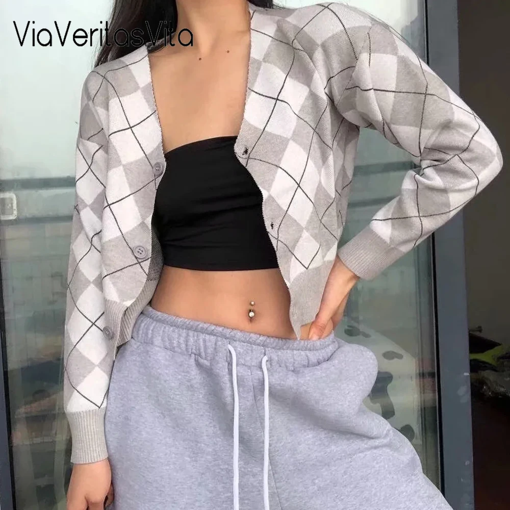 

Spring Stylish Orange Gray Argyle Sweater For Lady Korean Sexy V Neck Long Sleeve Single Breasted Knitted Cardigan High Street