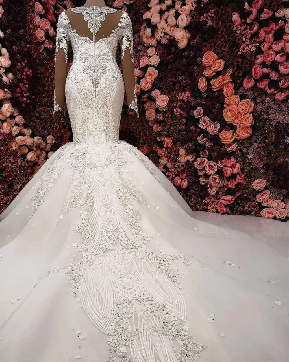 Vestidos De Noiva Гламурные Кристаллы Русалка свадебное платье сексуальные v-образным вырезом с длинными рукавами Свадебные платья