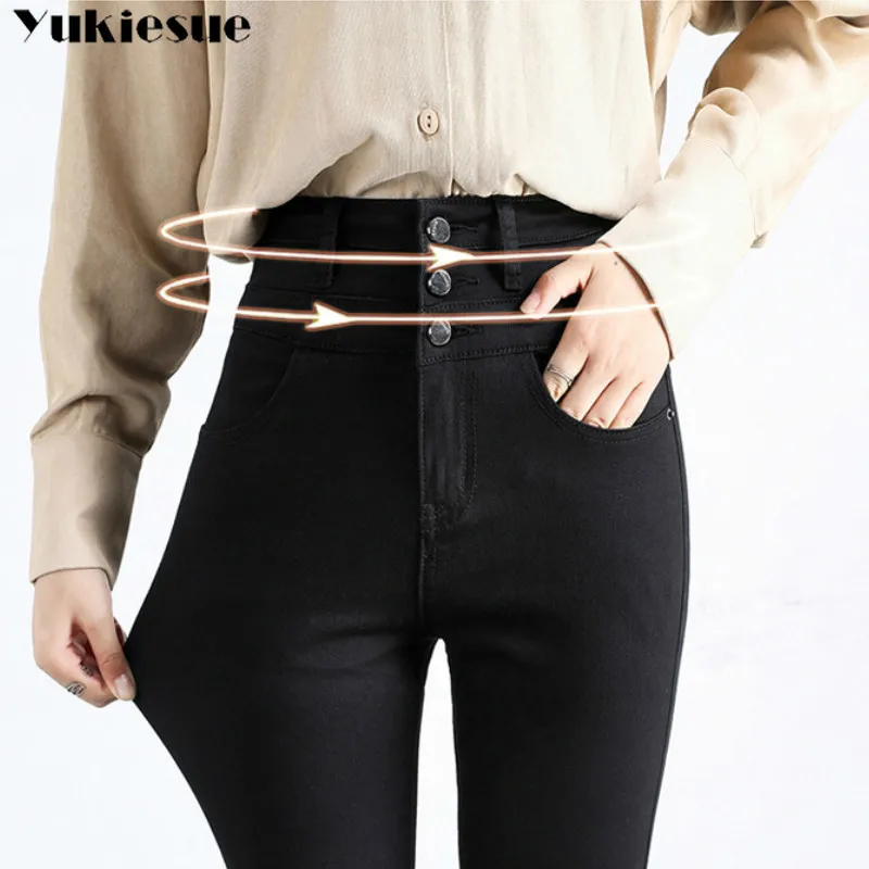 Женские эластичные джинсы с высокой талией зимние плюшевые теплые обтягивающие