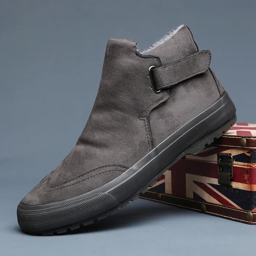 grey suede Г. Новая Вулканизированная обувь с высоким берцем корейское Мужское пальто теплая плюшевая обувь зимние мужские ботильоны с круглым носком на застежке MG2153 - Цвет: grey suede