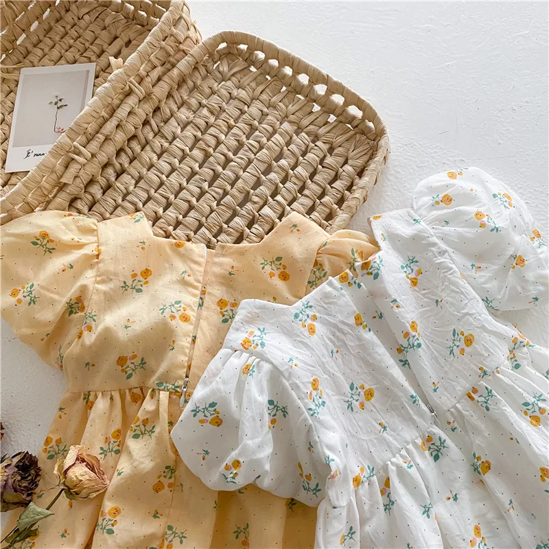 

2021 New Summer Puff Sleeve Children Clothes Girls Dresses Koren Style Flowers Print Kids Girl Party Dress for Wedding YE04272