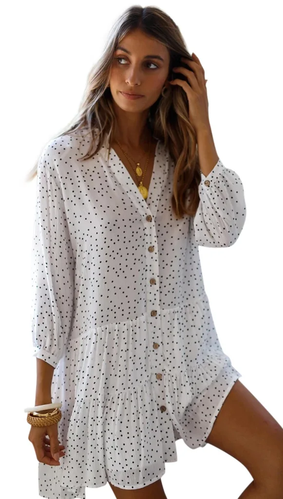 

Polka Dot Women Beach Cover Up Shirt Dress 2020 Celmia Long Sleeve Casual Loose Kimono Cardigan Plus Size Beach Wear Swim Suit