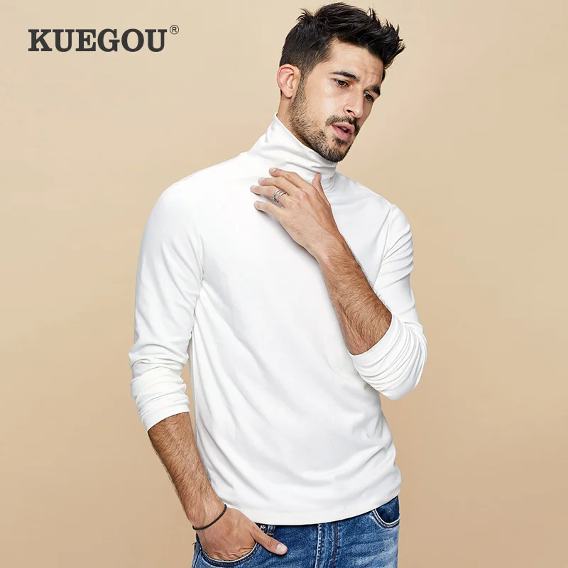 

KUEGOU spring Men's T-shirt turtleneck warm tshirt Long sleeve tight simple extension t shirt men autumn top PT-1127