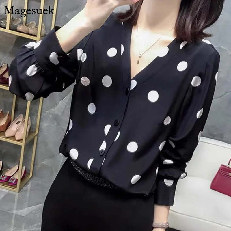 

Осенняя Новая блузка женская с длинным рукавом и V-образным вырезом, женские рубашки, блузки, кардиган в горошек, рубашки для женщин, женские ...