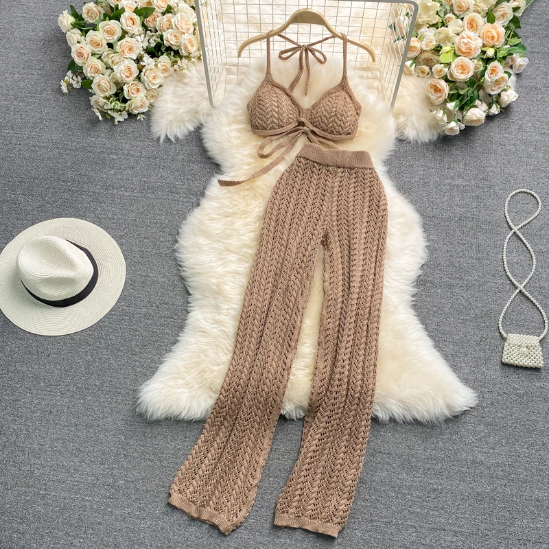 

Two-Piece Suit Women Summer Seaside Holiday Suit Hollow Knit Halterneck Tube Top Hot Girl Two-Piece Vest High Waist Casual Pants
