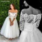 Кружевное свадебное платье-трапеция, с полурукавами, открытыми плечами, винтажное, длиной до щиколотки