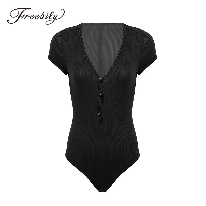 

Women V Neck Short Sleeve Bodysuit Solid Stretchy Bodycon Rompers Jumpsuits Casual Base Tops Ballet Dance Practice Plus Size XXL