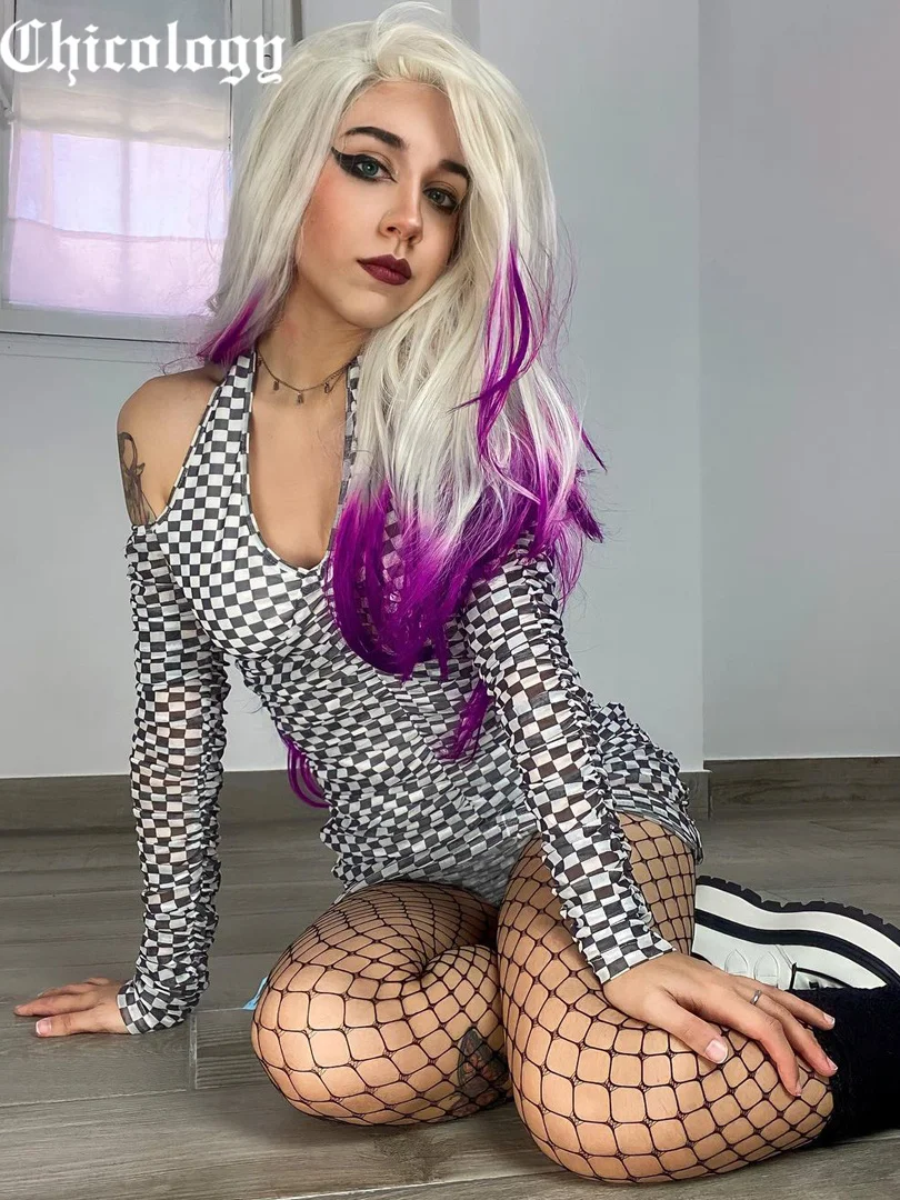 

Chicology 2021 Women Autumn Winter Plaid Halter Long Sleeve Deep V Neck Mini Bodycon Sexy Elegant Club Party Fashion Dress