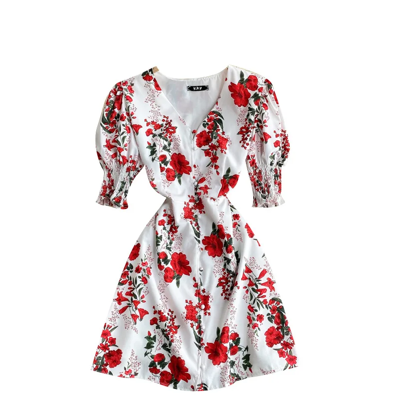 

Women's Smmer 2021 New A Line V Neck Slim Short Elegant Printed Puff Sleeve Sweet Dress For Female Fashionable