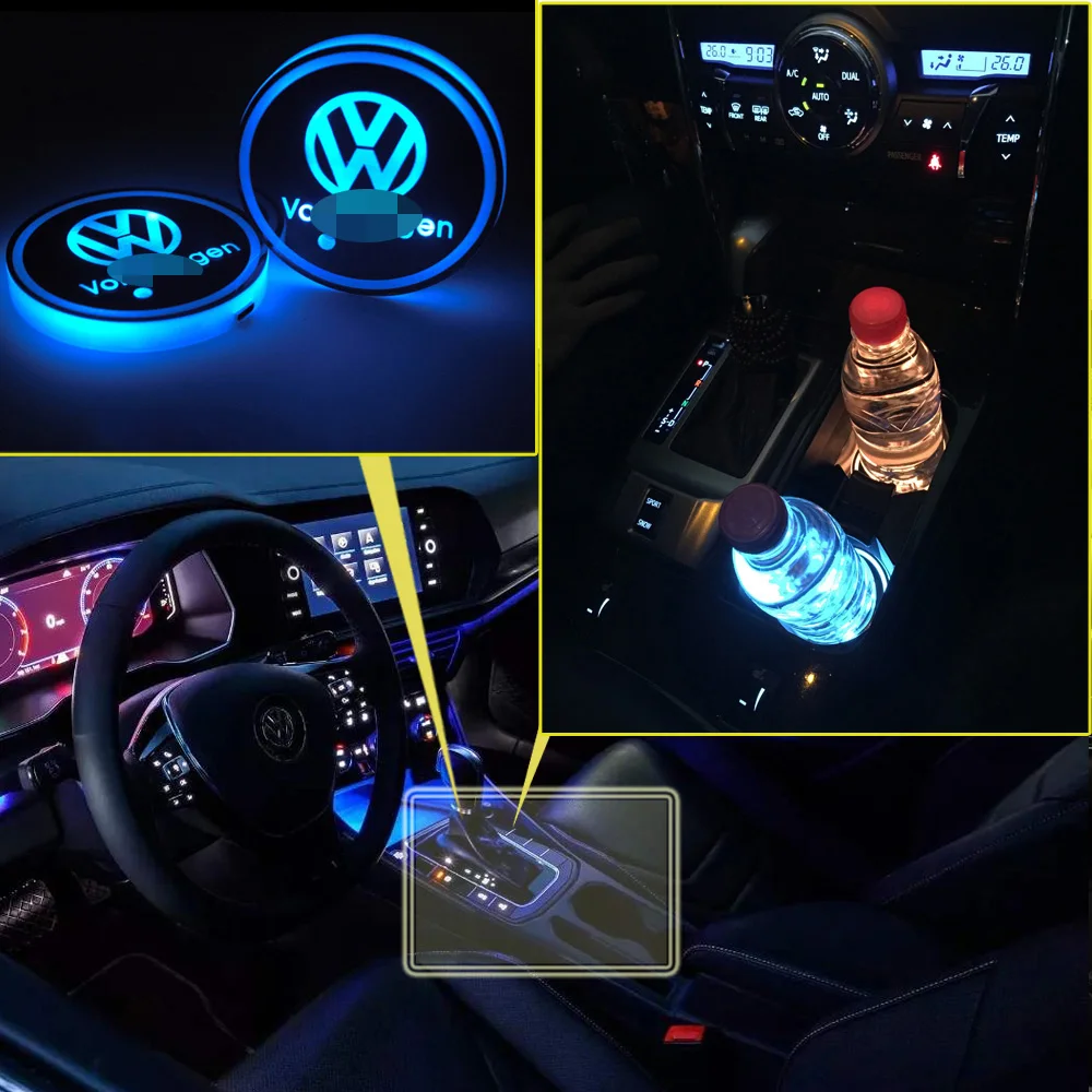 

2x LED For Volkswagen Car Interior Cup Holder Lights Illuminated Badge Logo Lamp