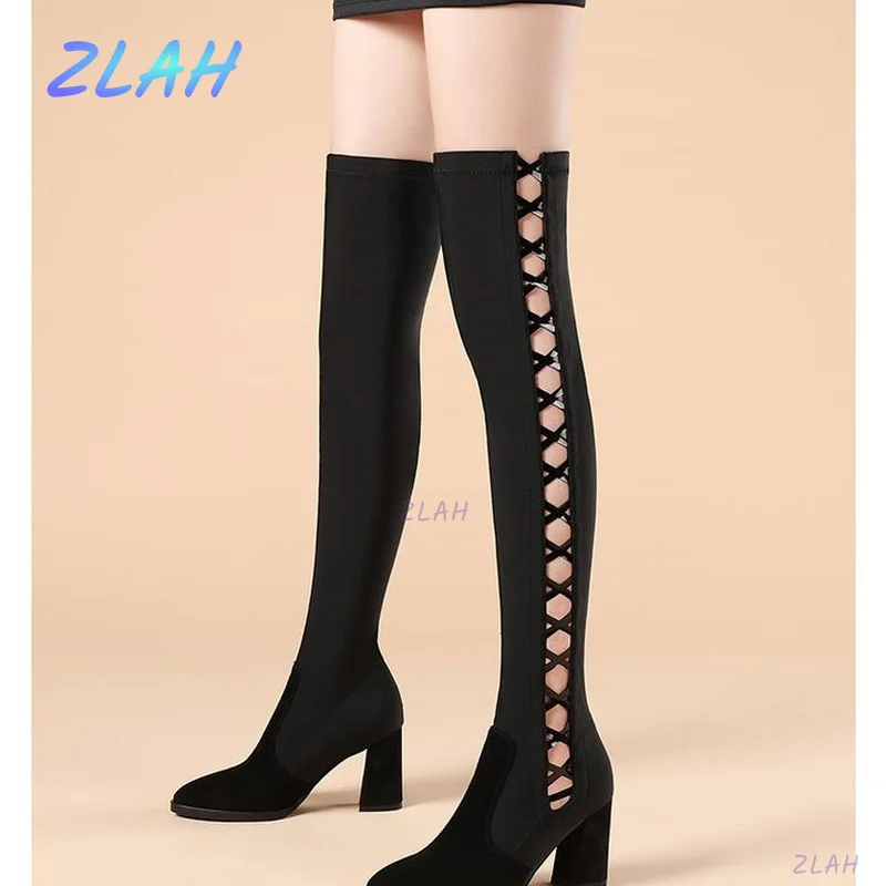 

Женские ажурные сапоги, зимние женские сапоги выше колена на высоком каблуке, с круглым носком, на толстой подошве