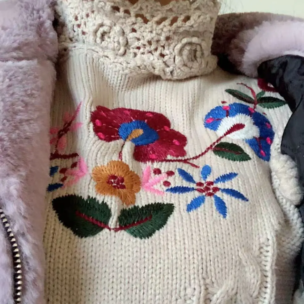 

Winter Clothes Women Sweater Ropa De Invierno Mujer Embroidery Floral Long Sleeve Chic Turtleneck Korean Pullover Knitwear XC056