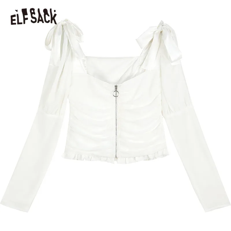 

ELFSACK Solid Contrast Lace Casual Milkmaid Blouse Women,2021 Spring Full Sleeve Zipper Backless Female,Basic Daily Vintage Top