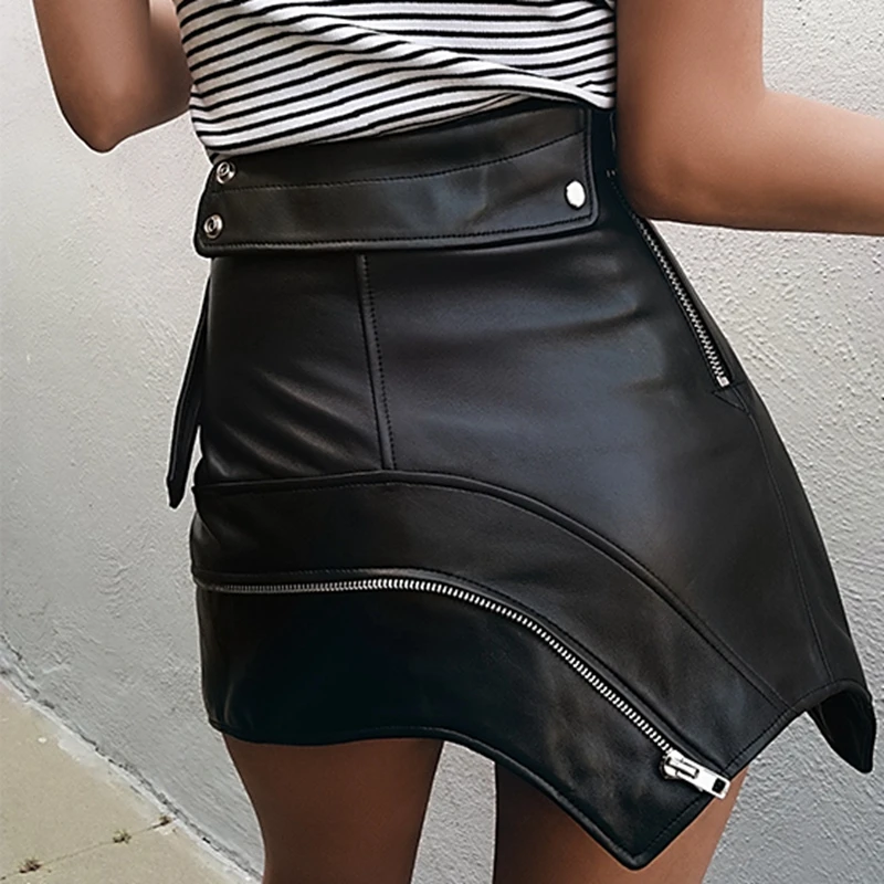 Сексуальная кожаная мини-юбка с мехом Женская юбка на молнии поясом в стиле