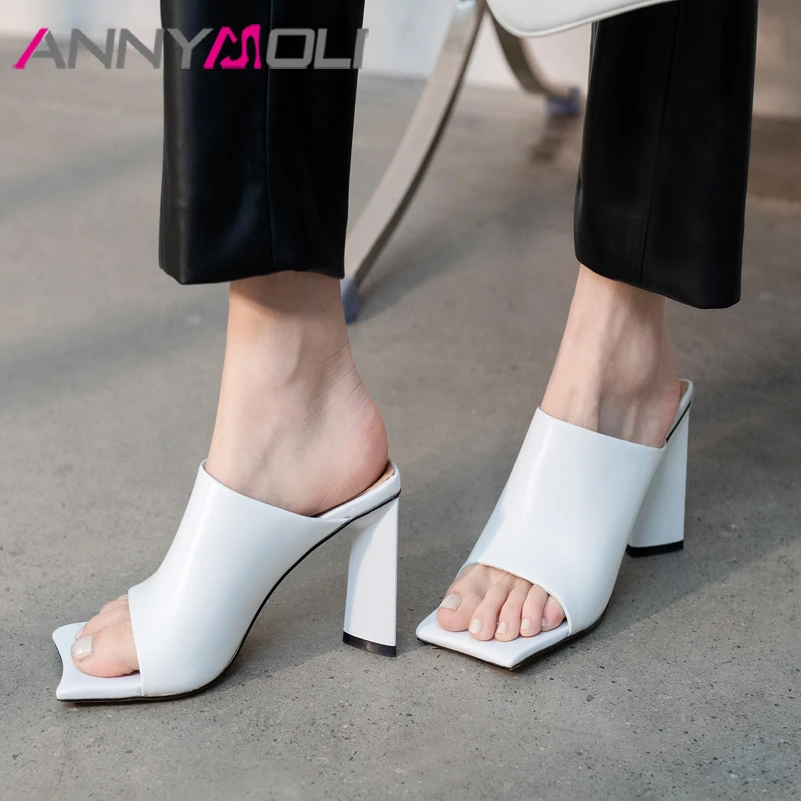 

ANNYMOLI Slippers Shoes Women Real Leather Sandals Super High Heel Slides Square Toe Chunky Heel Ladies Footwear Summer White 40