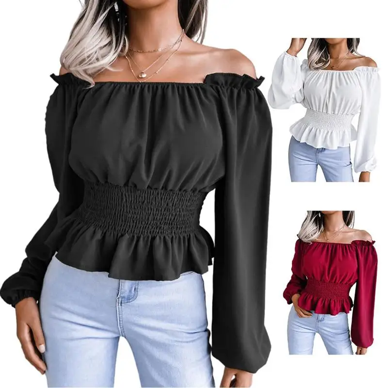 

2021Autumn Woman Solid Color Off-Shoulder Shirt Long Sleeves Ruffled Chiffon Blouse Fashion Casual Tops For Party Daily Crop Top