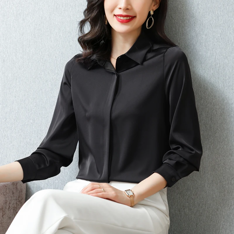Блузка Женская атласная с отложным воротником свободная офисная рубашка из
