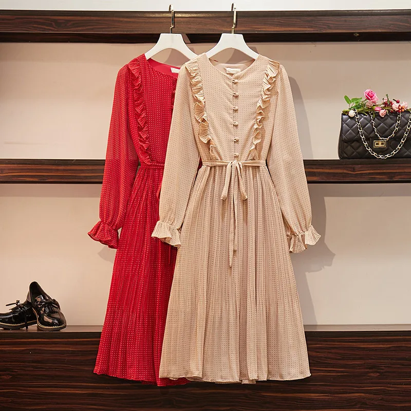 Винтажное плиссированное платье в горошек с оборками Повседневное средней длины