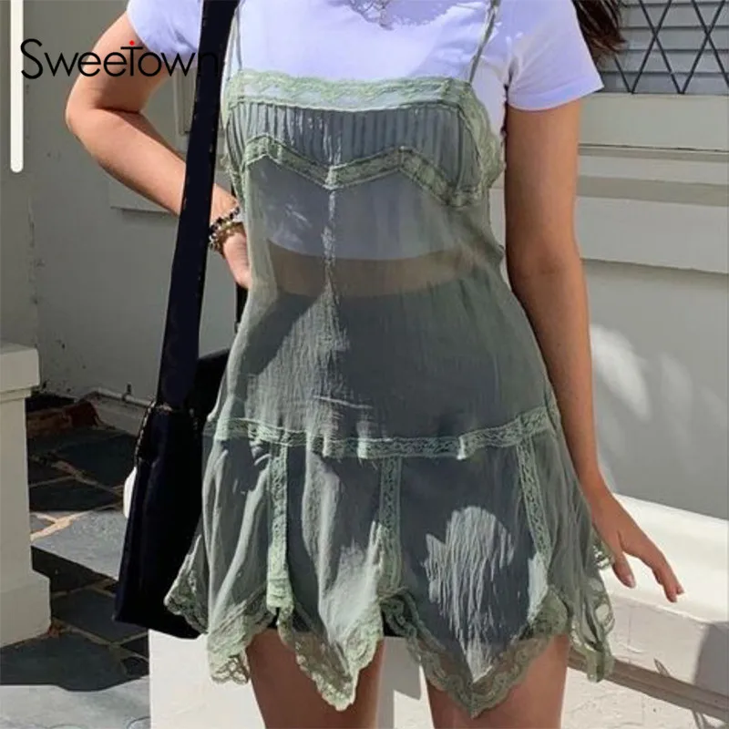 

Sweetown Retro Green Chiffon Slip Dress Patchwork Lace Women Cute 2000s Y2K Clothes Vintage Fairycore Irregular Party Dresses