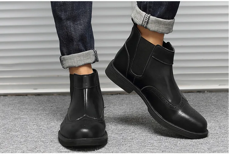 Winter PU Chelsea Boots Men Elastic Band Pointed Toe Ankle Boots Solid Casual Motorcycle Shoes Plus Size Black Brown
