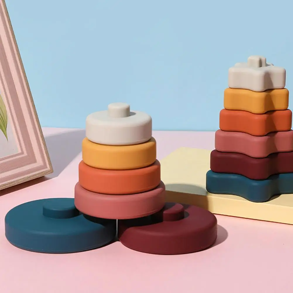 

Baby Stacking Building Soft Block Toys Silicone Stacking Shape Blocks Round Toy Construction Silicone Montessori Toy K4Y2