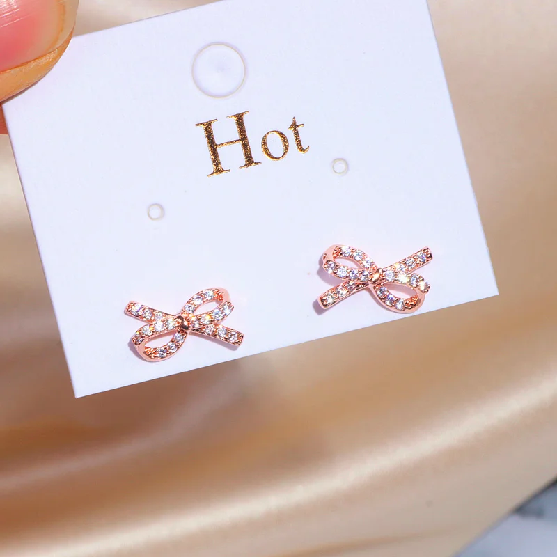 Модные сверкающие серьги гвоздики с бантом из кубического циркония для женщин и