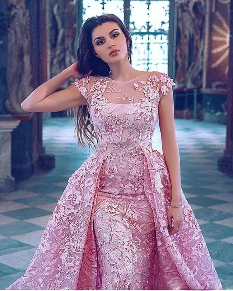 Luxury Pink lace Cap Sleeves Bridal gown Tailor-made mermaid Sweep Train Saudi Arabia Evening gown with pearl belt Sheer neck