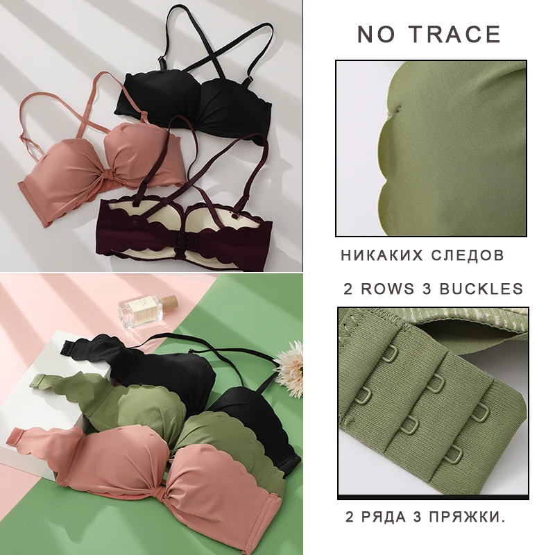 

FINETOO Sexy V-Neck Women Bra Ruched Front Closure Brassiere Bownot Push Up Breathable Bras For Woman Women's Seamless Tube Tops