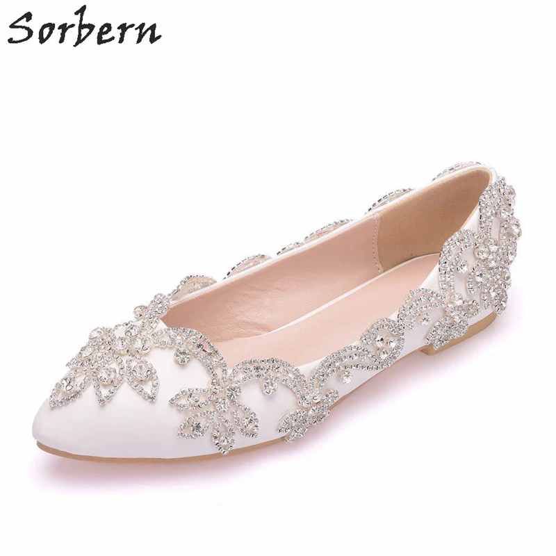 

Sorbern Comfortable Wedding Shoes Flat Heels Lace Toes Slip On Pointed Toe White Lace Appliques Bridal Shoes Women Heels