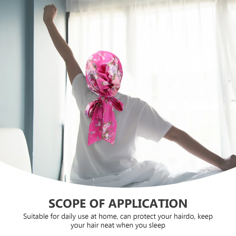 

2pcs Ribbon Bowknot Nightcap Satin Sleeping Cap Chemotherapy Cap Hats for Girls (Black Floral Printing + Black)