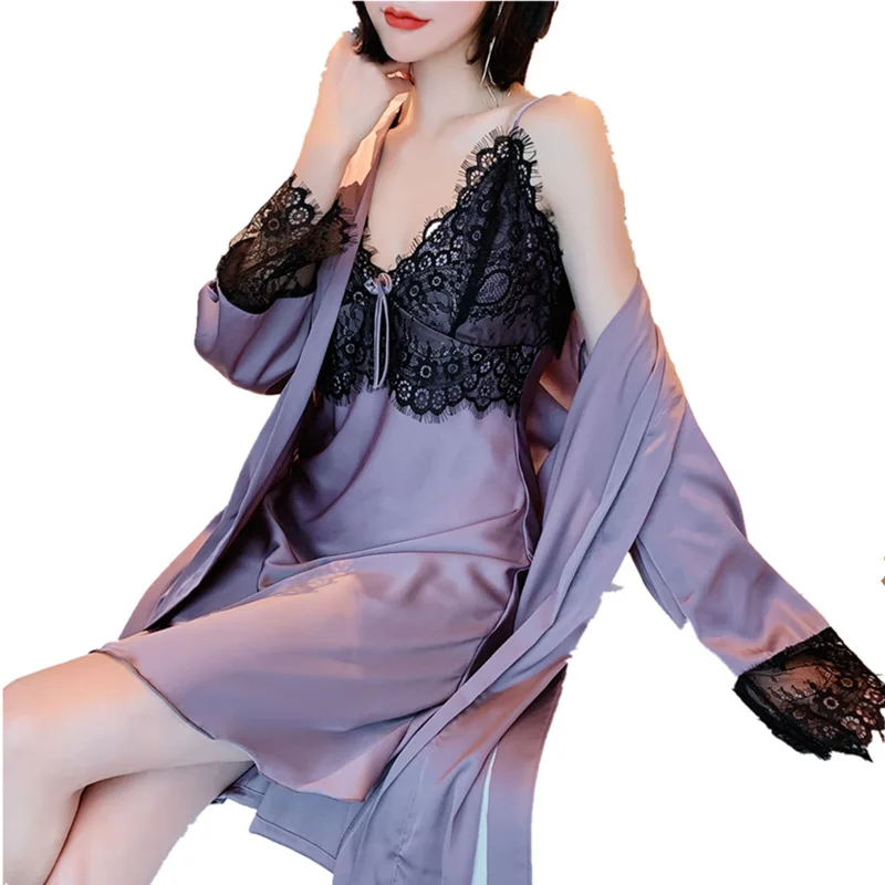 

Sexy Nightwear Gown Set Women 3PC Pyjama V-Neck Pajamas Silky Sleepwear Spring Lady Sleep Suit Robe Wear Home Negligee Homewear