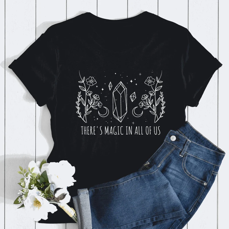 There's Magic In All Of Us T-shirt Aesthetic Crystal Moon Wiccan Tshirt Vintage Women Short Sleeve Graphic Witch Top Tee Shirt
